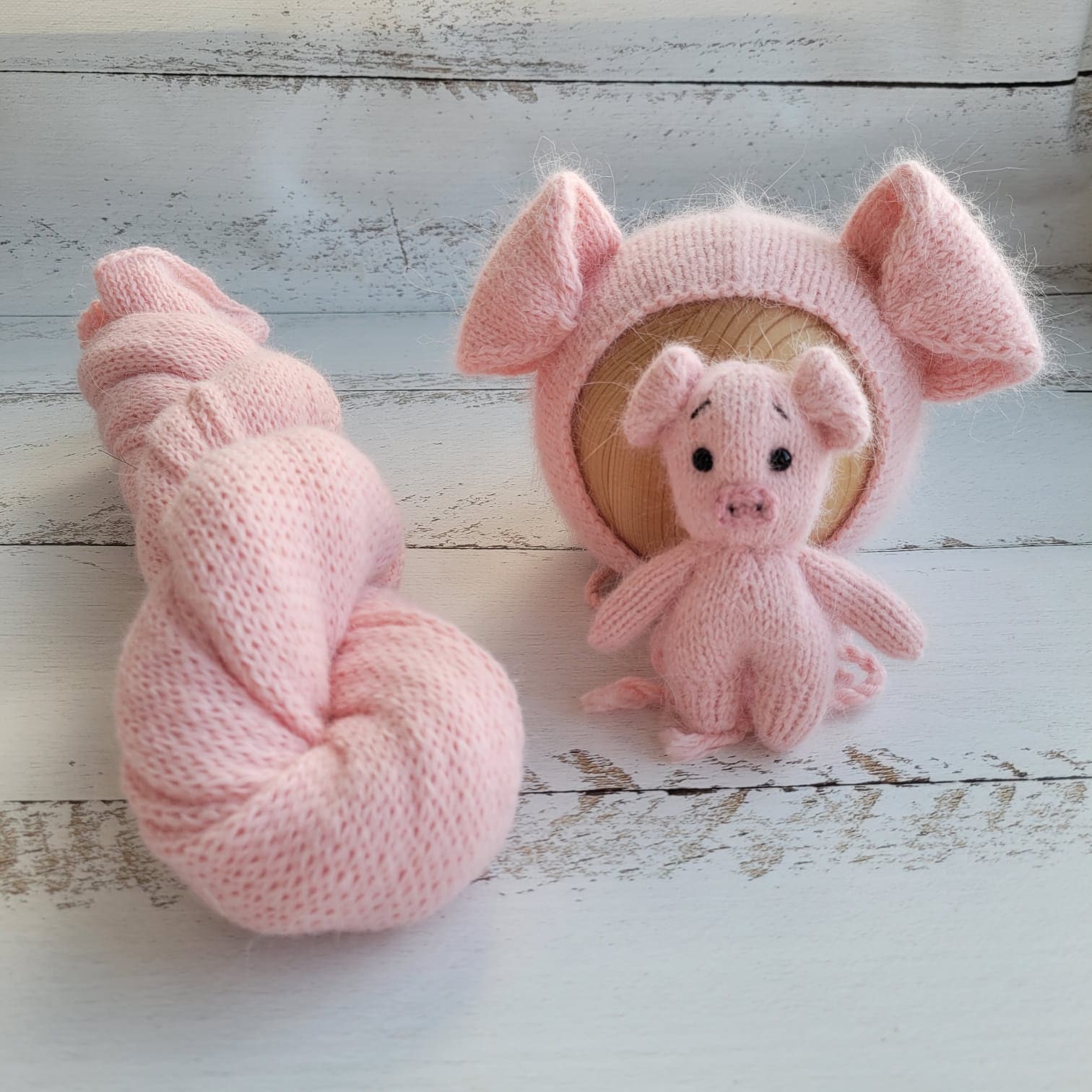 Newborn Pig Photo Prop Set: Hand-Knitted Bonnet, Romper, Wrap & Toy - Image 8