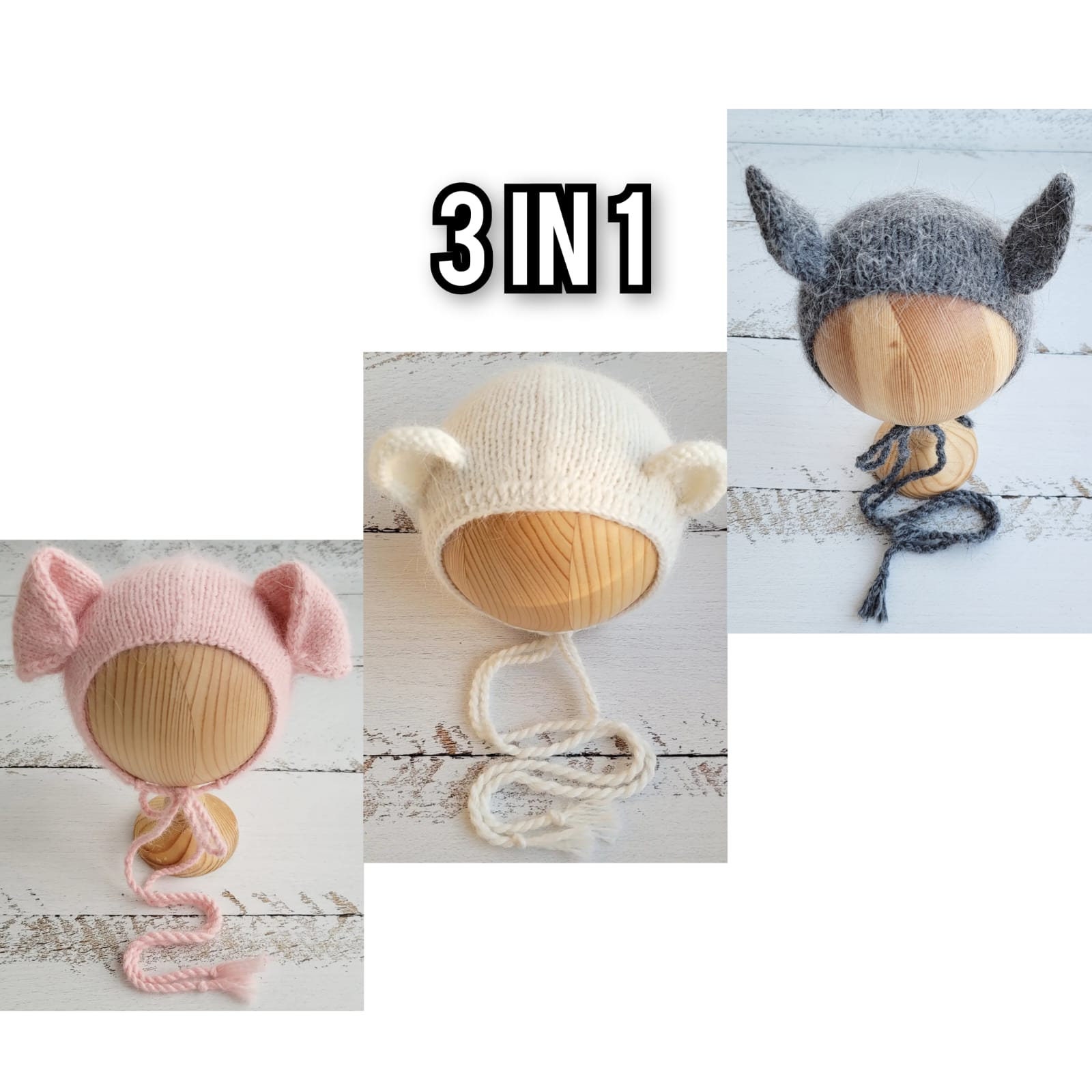 3-in-1 Animal Newborn Knitting Bonnet Pattern: Pig, Bat, Bear (PDF)