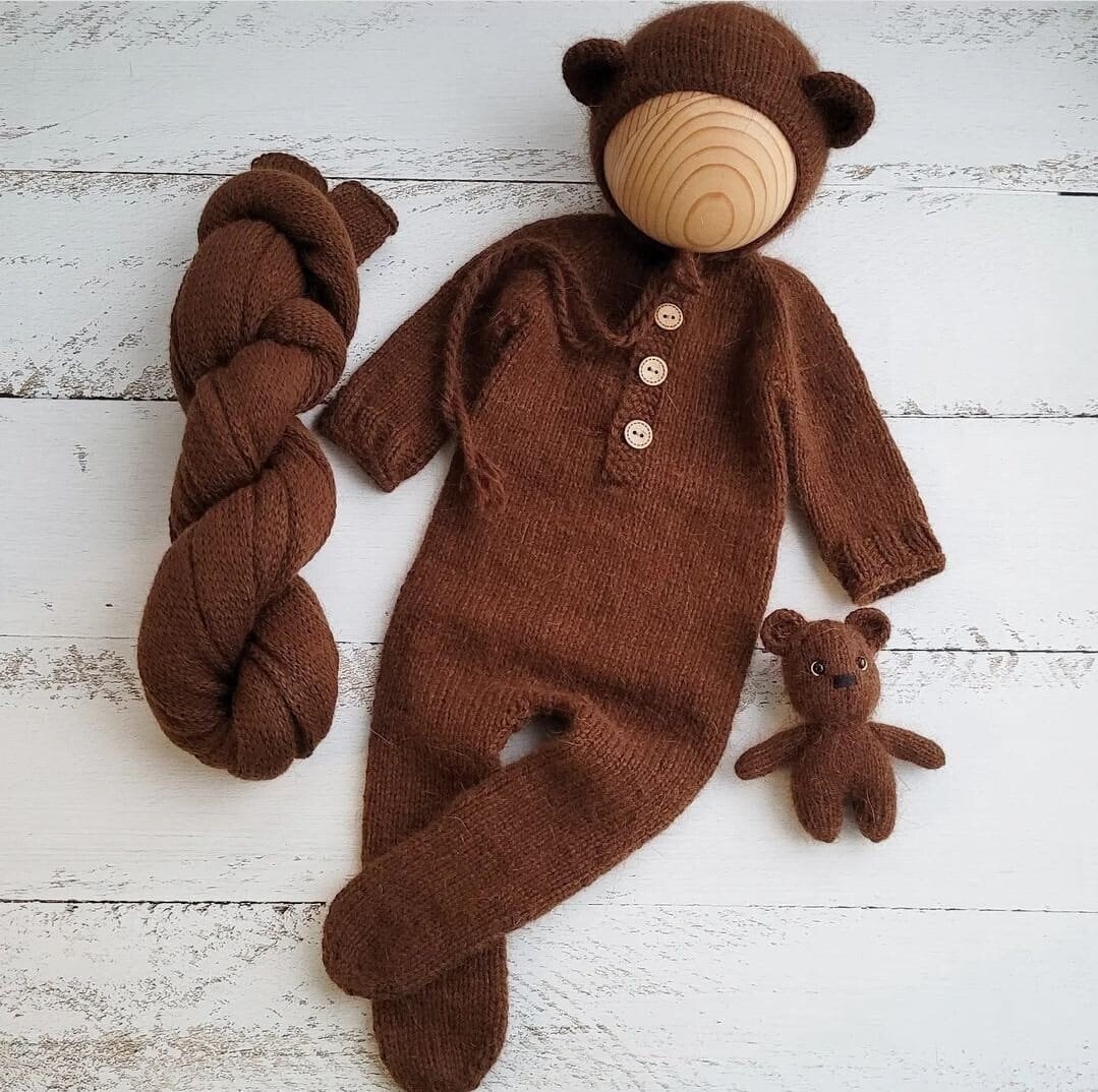 Teddy Bear bonnet, romper, wrap, toy. Brown bear outfit. Newborn photo props
