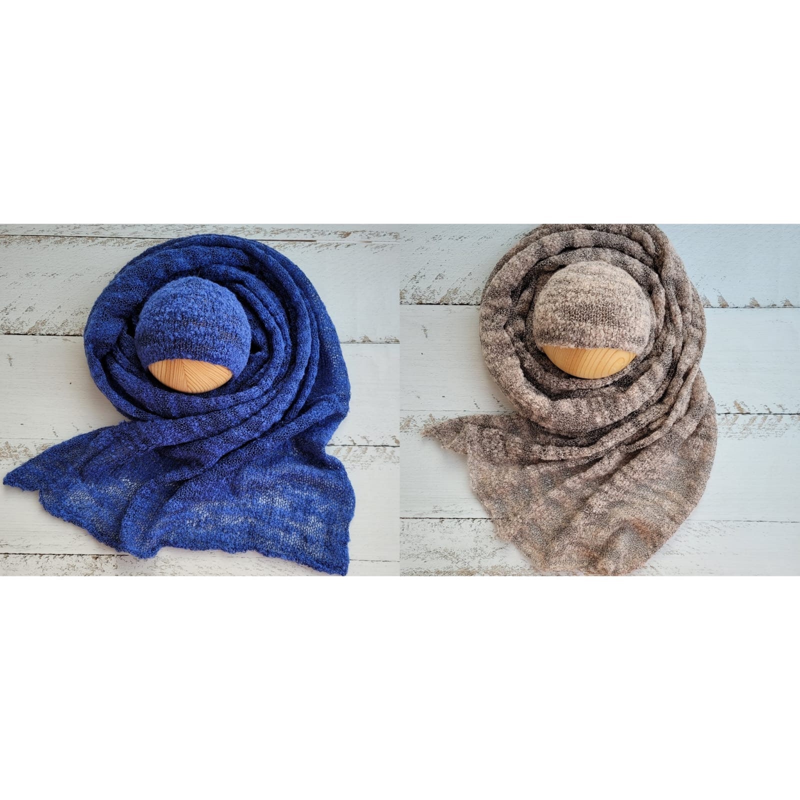 Newborn Knitted Wrap annd Bonnet, Boy girl photo props. Textured boucle wraps