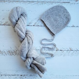 Light Grey Newborn Knitted Wrap annd Bonnet, Boy girl photo props, Tweed wraps