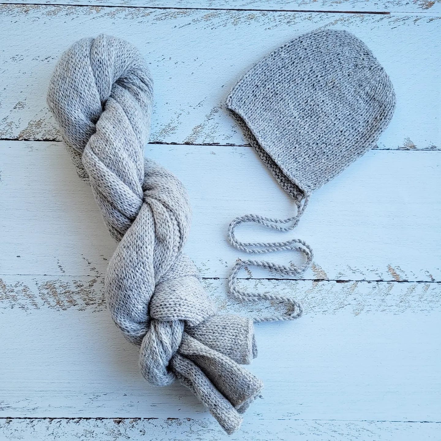 Newborn Knitted Wrap annd Bonnet, Boy girl photo props, Tweed wraps - Image 5