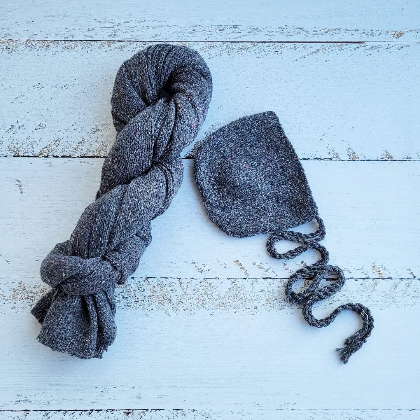 Newborn Knitted Wrap annd Bonnet, Boy girl photo props, Tweed wraps - Image 8