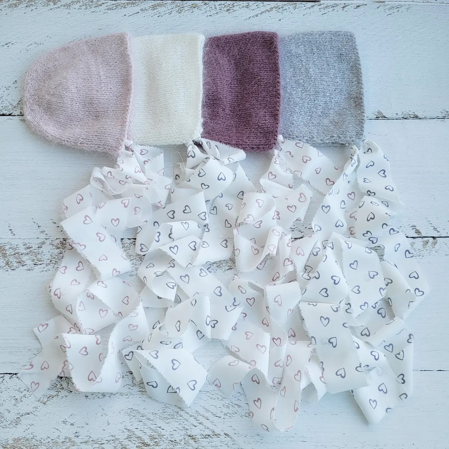 Bonnet with ribbons hears. Newborn photo props. Valentine's Day