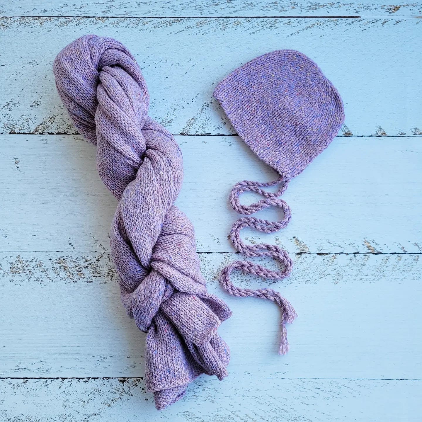Newborn Knitted Wrap annd Bonnet, Boy girl photo props, Tweed wraps - Image 6
