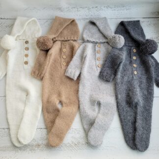 Fluffy sleepy cap and footed romper, Newborn photo props.