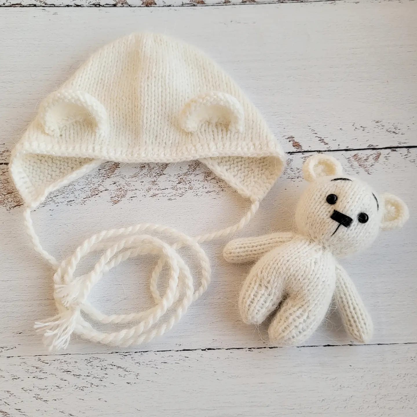 white Teddy Bear bonnet, romper, wrap, toy. Polar bear outfit. Newborn photo props - Image 5