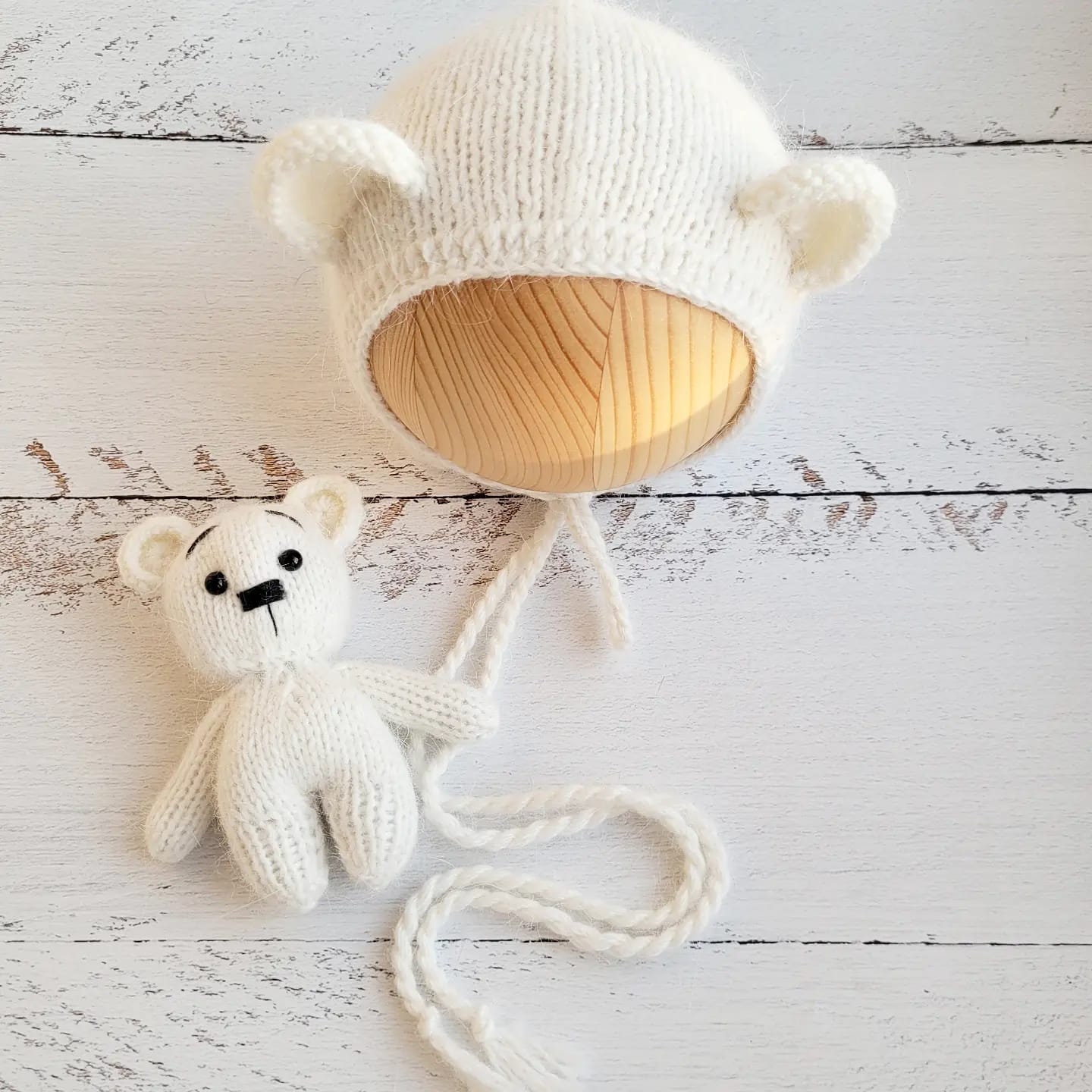 white Teddy Bear bonnet, romper, wrap, toy. Polar bear outfit. Newborn photo props - Image 4