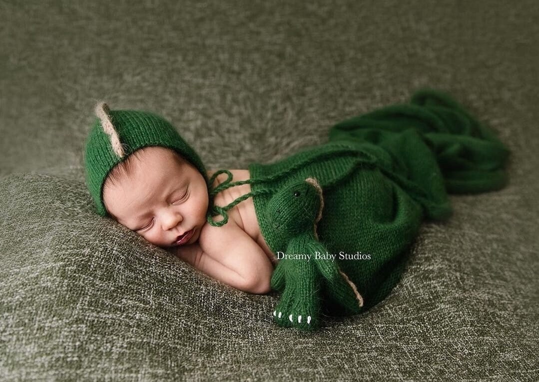 Dinosaur newborn bonnet, romper, wrap, Stuffed Dragon toy. Newborn photo props - Image 4