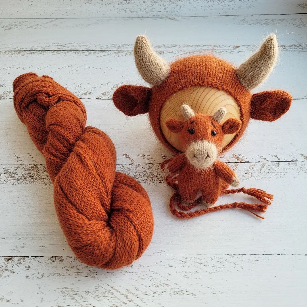 Newborn Cow Photo Prop Set: Knit Bonnet, Romper, Wrap & Toy - Image 2