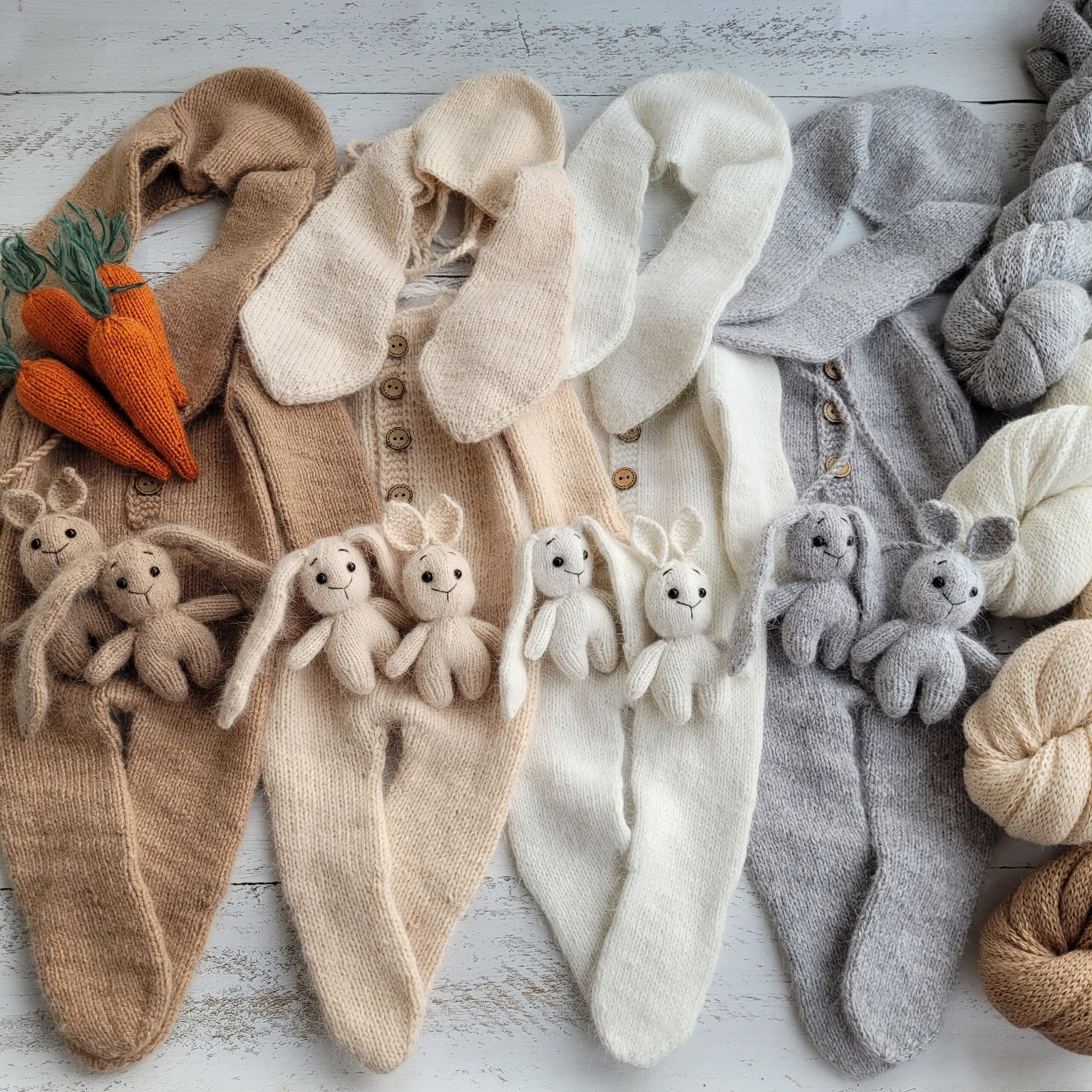 Hand Knitted Newborn Bunny Outfit: Bonnet, Romper, Toy. Easter Photo Prop