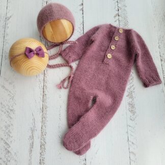 Fuzzy bonnet and footed romper. Newborn photo props.