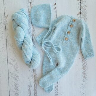 Fuzzy bonnet and footed romper. Newborn photo props.
