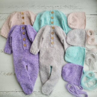 Newborn Knitted Footed Romper and Bonnet, Boy girl photo props