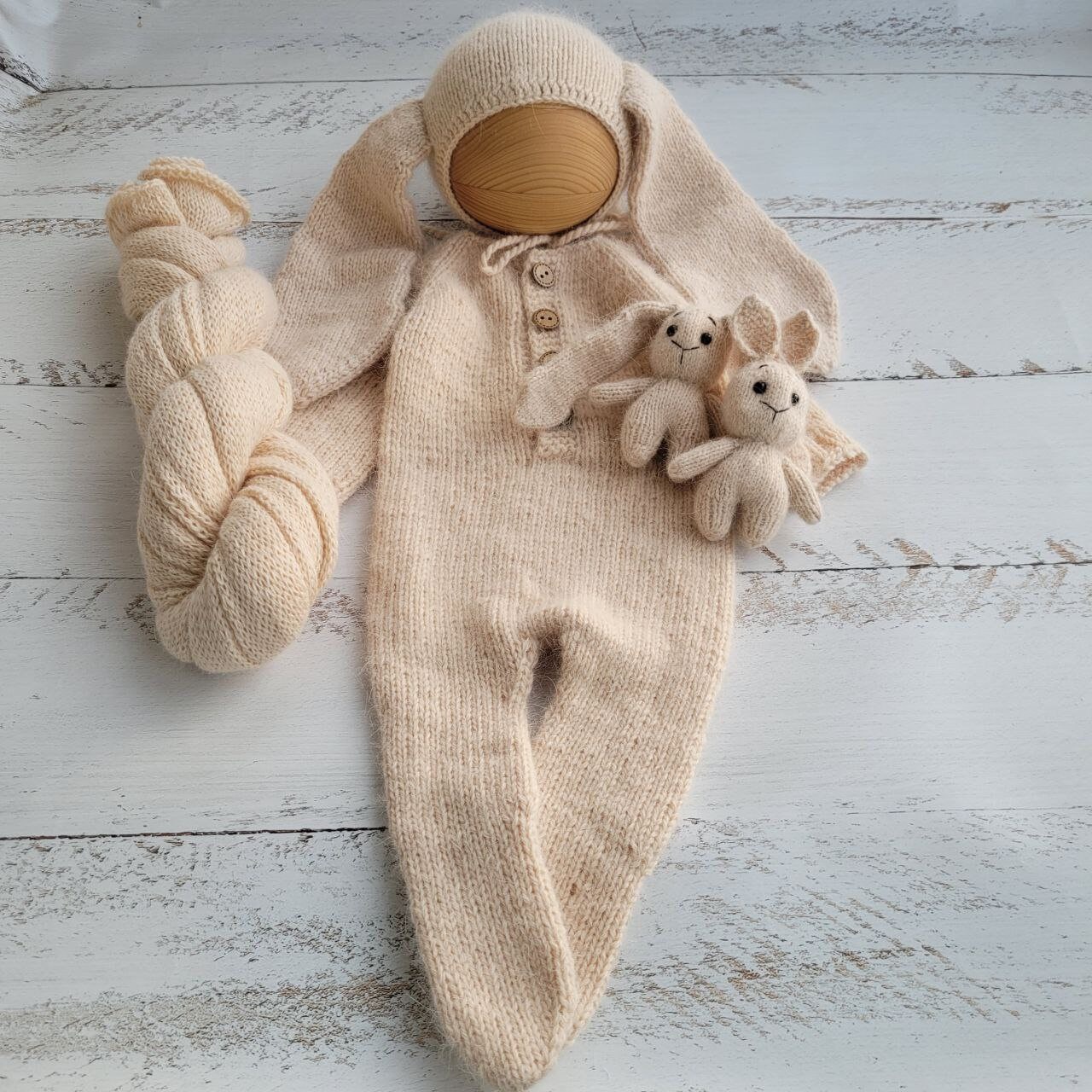 Cream Bunny bonnet, romper, wrap, toy. Rabbit outfit/ Easter Newborn photo props - Image 3