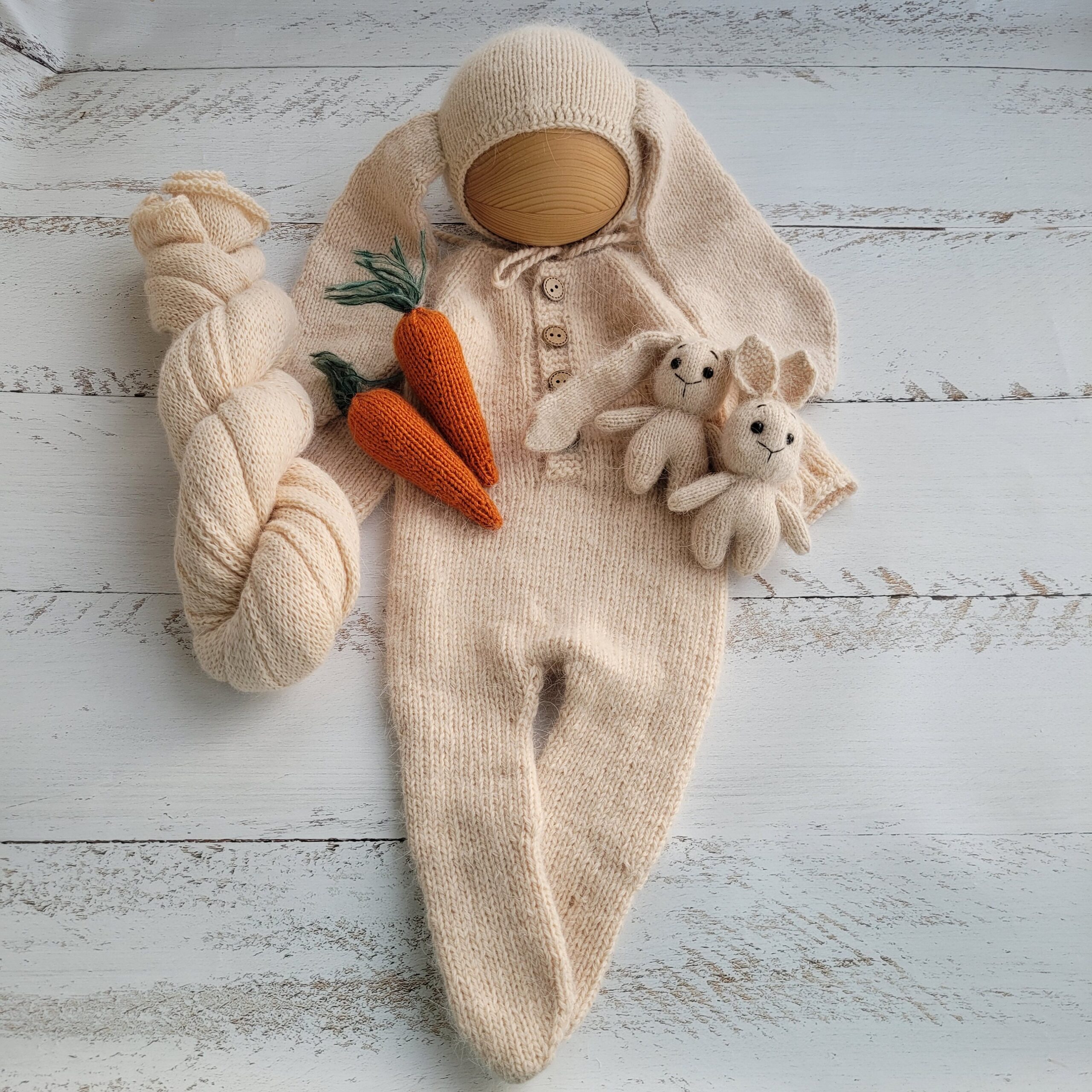 Hand Knitted Newborn Bunny Outfit: Bonnet, Romper, Toy. Easter Photo Prop - Image 5