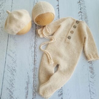 Fuzzy bonnet and footed romper. Newborn photo props.