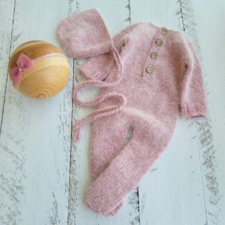 Fuzzy bonnet and footed romper. Newborn photo props.