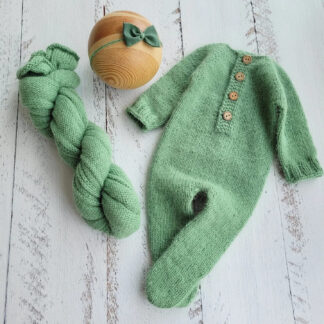 Fuzzy bonnet and footed romper. Newborn photo props.