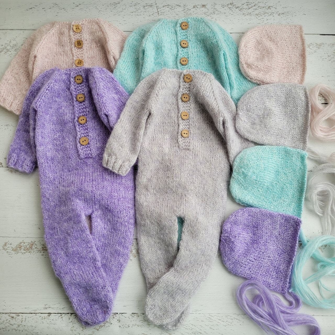 Newborn Knitted Footed Romper and Bonnet, Boy girl photo props - Image 3