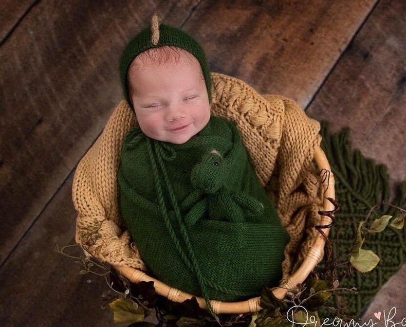 Dinosaur newborn bonnet, romper, wrap, Stuffed Dragon toy. Newborn photo props - Image 3