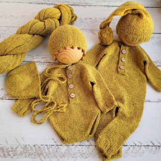 Mustard Yellow tweed bonnet beads with romper, Newborn photo props.