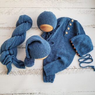Blue tweed bonnet beads,, hat,,wrap, romper, Newborn photo props.
