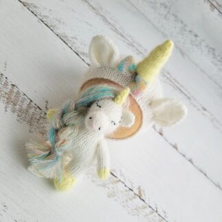 Unicorn bonnet, romper, wrap, toy. Rainbow outfit. Newborn photo props