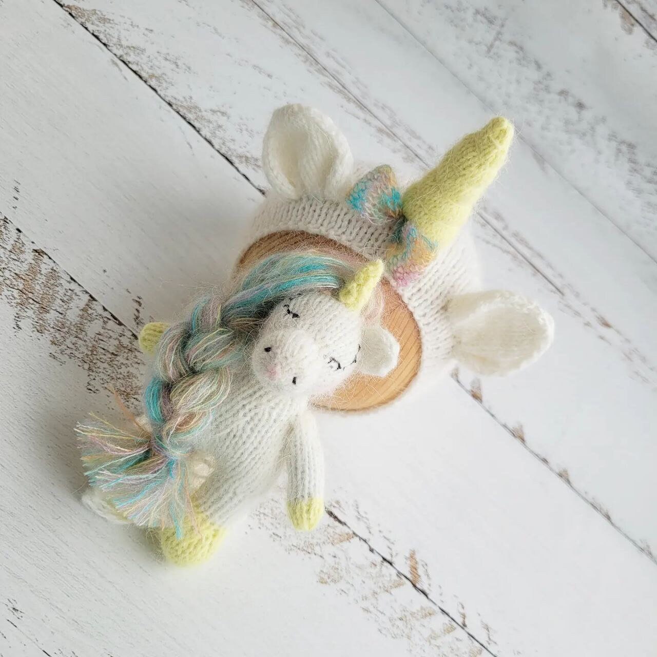 Unicorn bonnet, romper, wrap, toy. Rainbow outfit. Newborn photo props