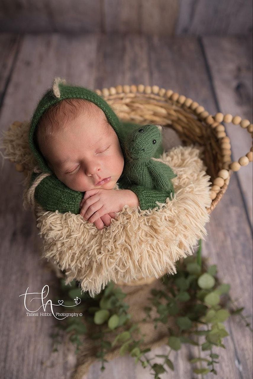 Dinosaur newborn bonnet, romper, wrap, Stuffed Dragon toy. Newborn photo props - Image 8