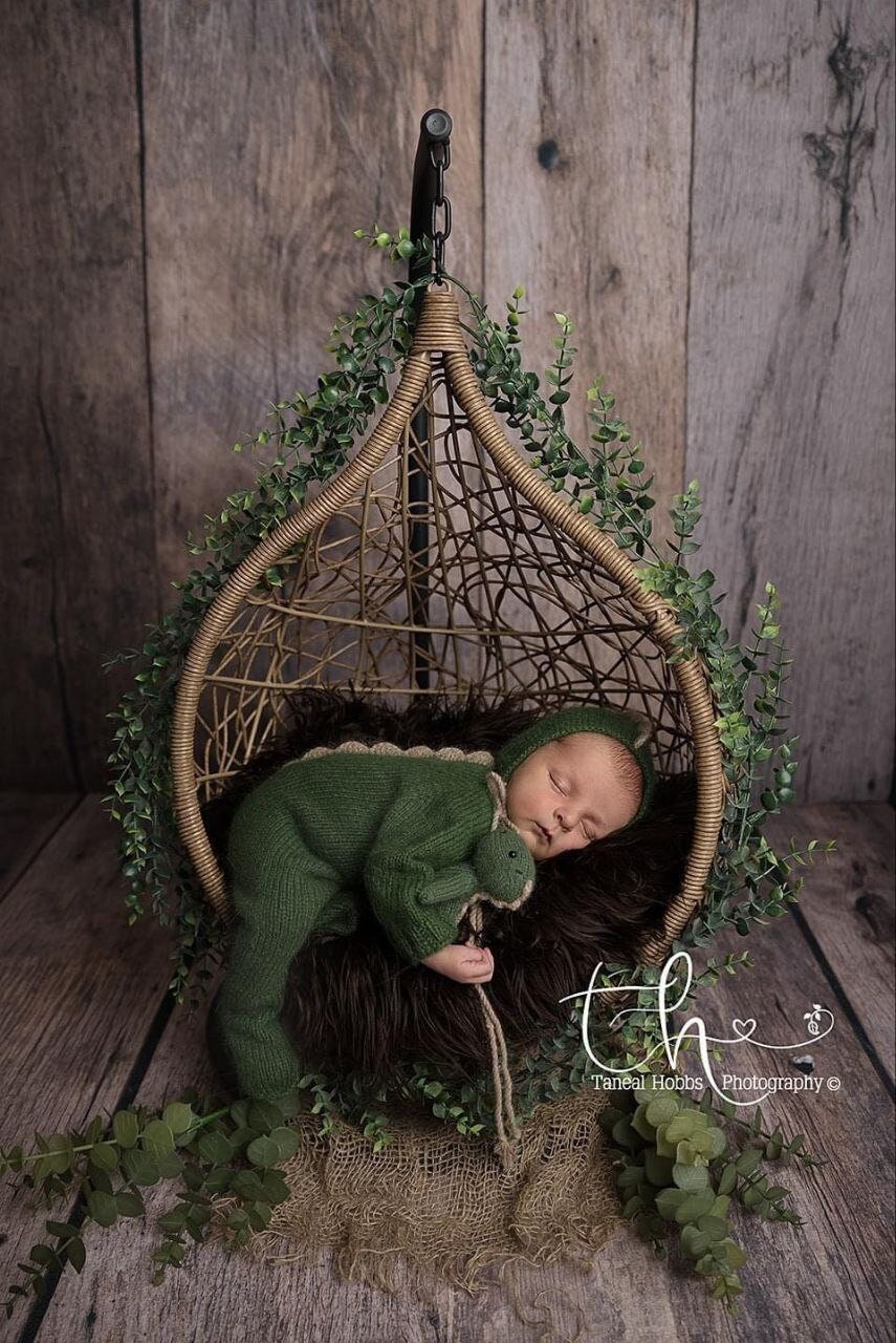 Dinosaur newborn bonnet, romper, wrap, Stuffed Dragon toy. Newborn photo props