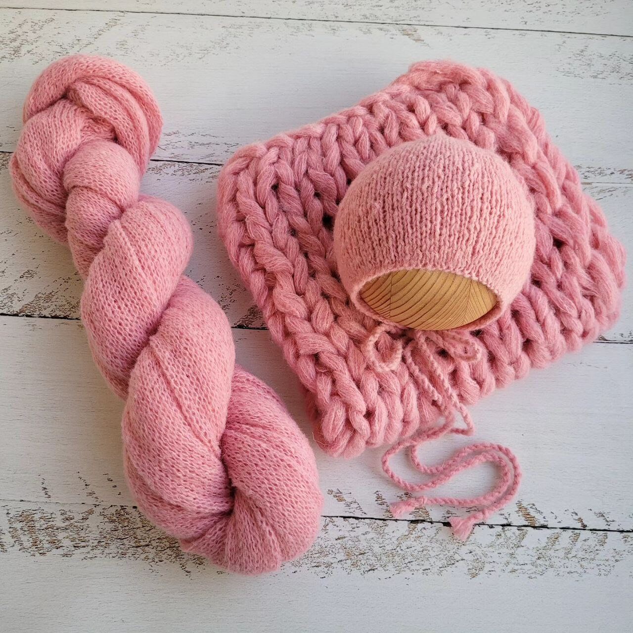 Pink Newborn Knitted Wrap, Layer and Bonnet, girl photo props
