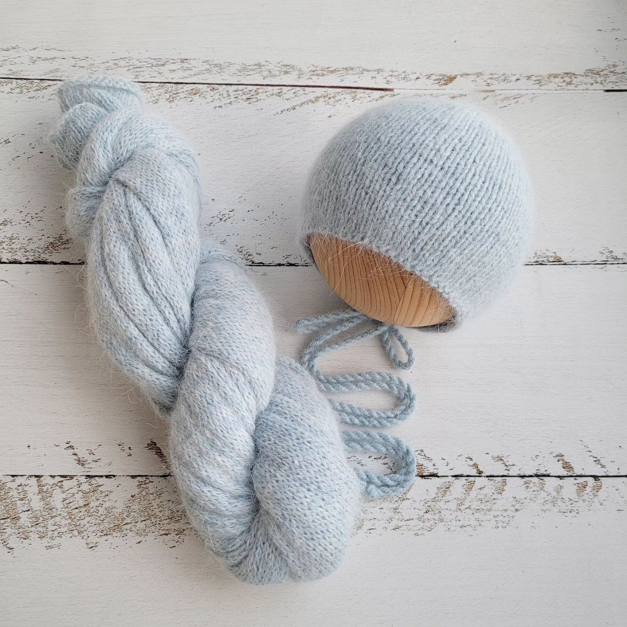 Light Blue Newborn Knitted Wrap annd Bonnet, girl photo props - Image 2