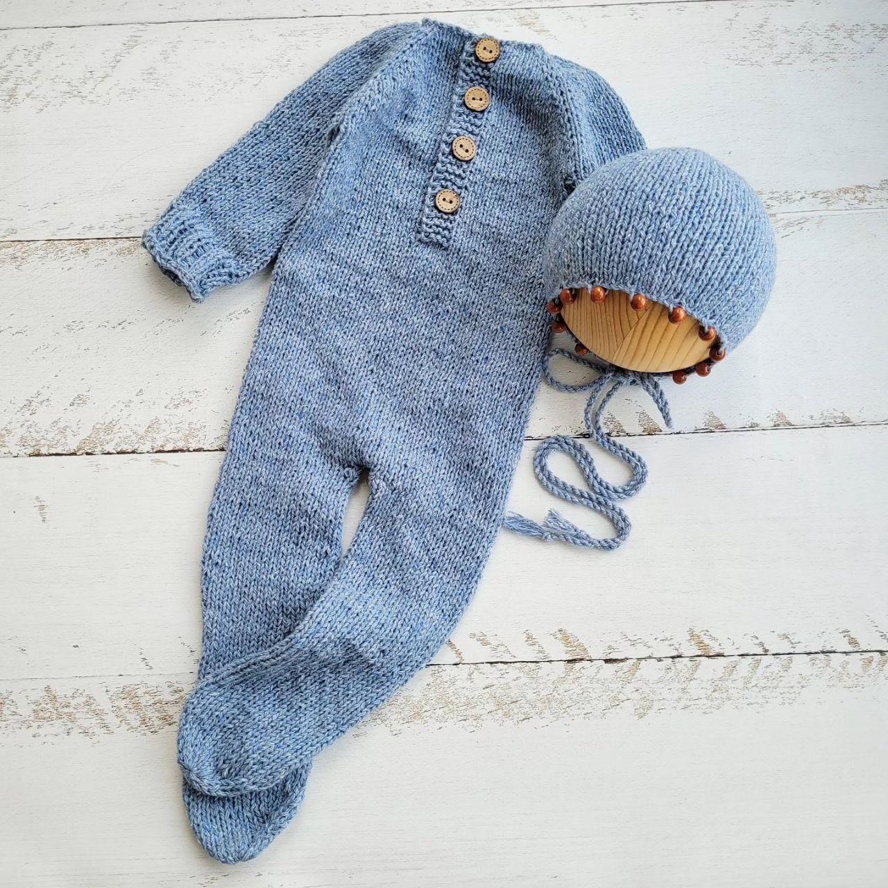 Light blue tweed bonnet beads with romper, Newborn photo props. - Image 2