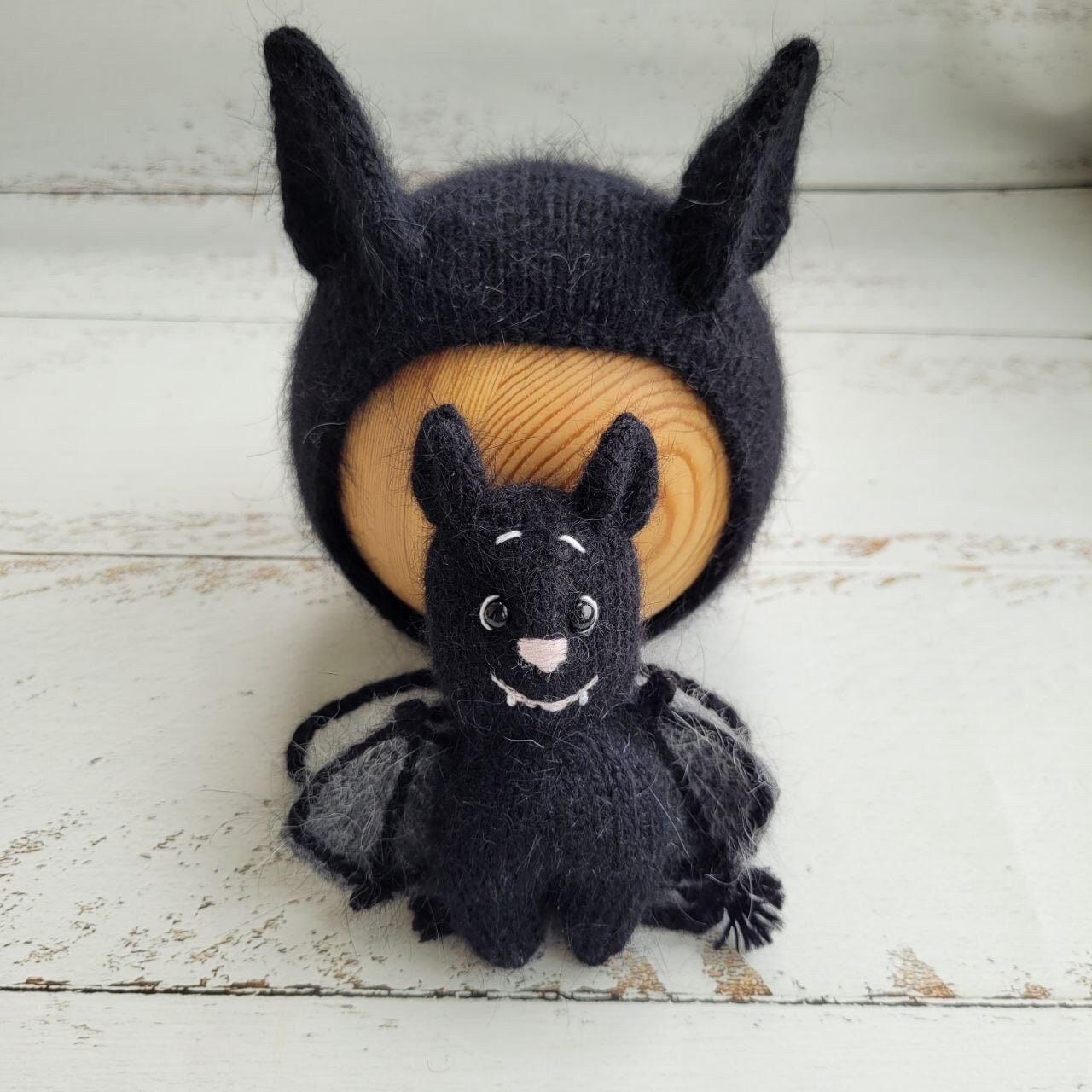Bat bonnet, romper, wrap, toy. Halloween outfit. Newborn photo props - Image 10
