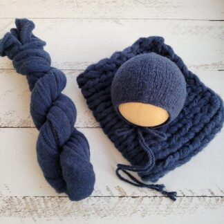 Navy Blue Newborn Knitted Wrap, Layer and Bonnet, Boy girl photo props