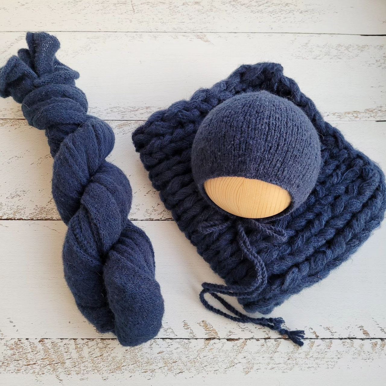 Navy Blue Newborn Knitted Wrap, Layer and Bonnet, Boy girl photo props