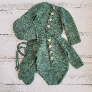 Green soft bonnet with romper, Newborn photo props.