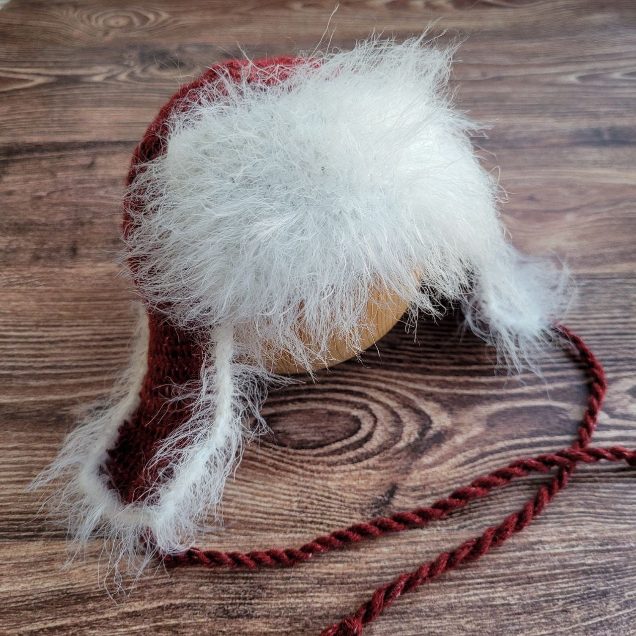 Red / White winter newborn bonnet, Baby photo props. - Image 3