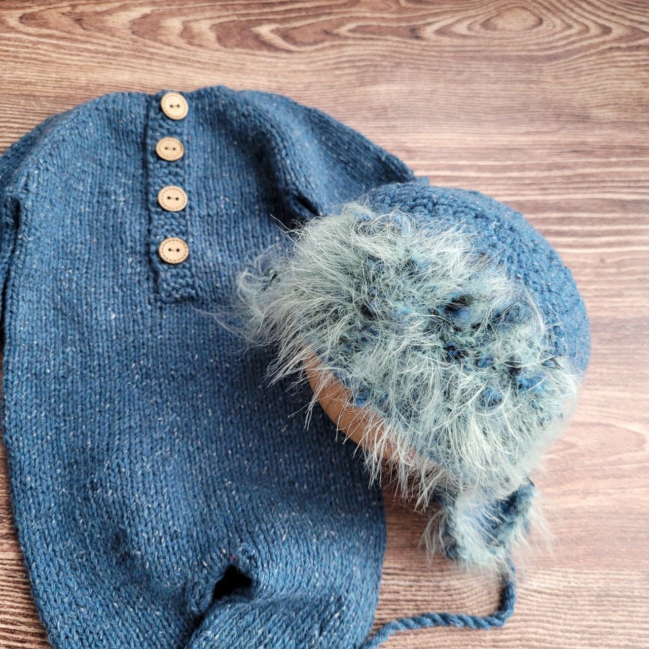 Blue winter newborn bonnet, Baby photo props. - Image 3