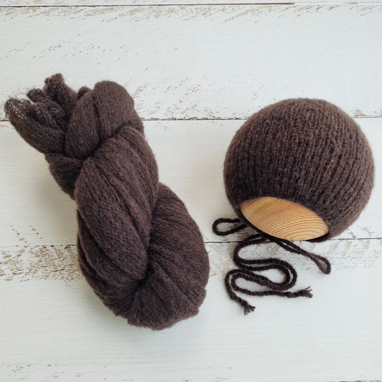 Dark Brown Newborn Knitted Wrap, Layer and Bonnet, girl photo props - Image 2