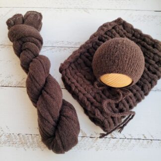 Dark Brown Newborn Knitted Wrap, Layer and Bonnet, girl photo props