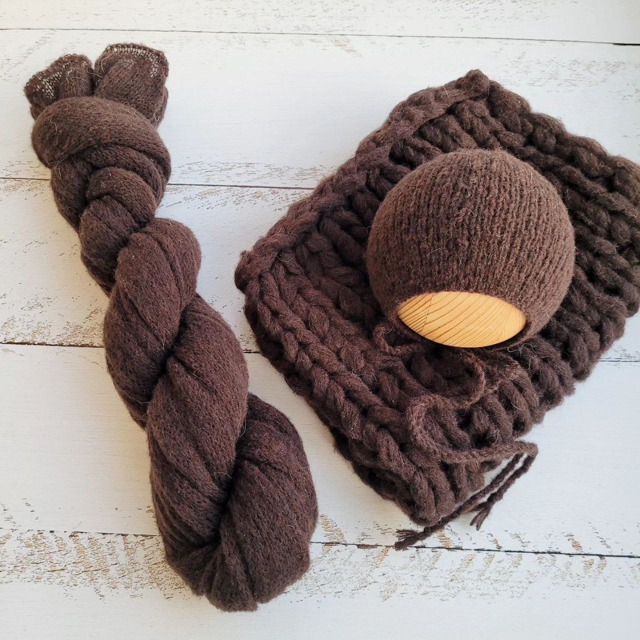 Dark Brown Newborn Knitted Wrap, Layer and Bonnet, girl photo props