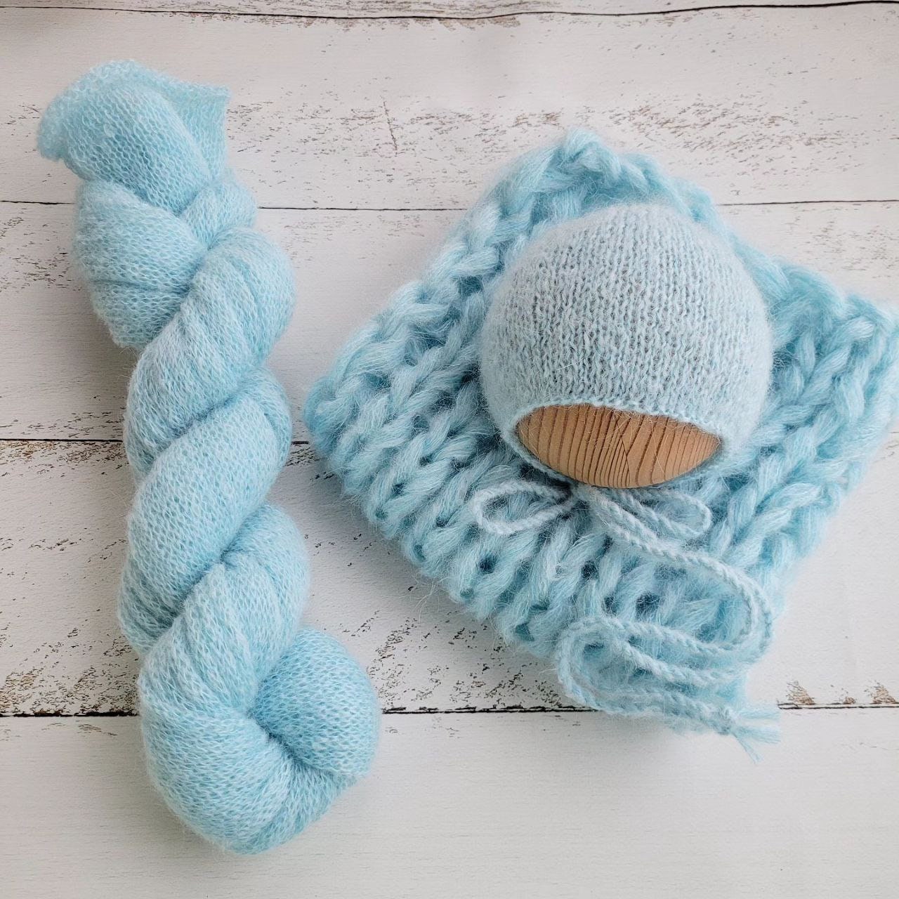 Light Blue Newborn Knitted Wrap, Layer and Bonnet, Boy girl photo props - Image 2
