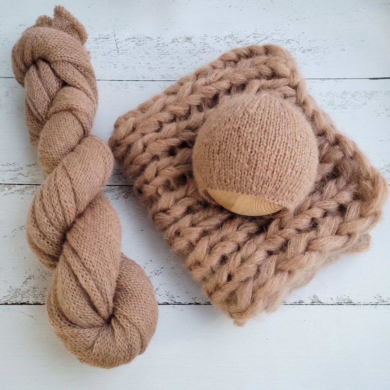 Beige Newborn Knitted Wrap, Layer and Bonnet, Boy girl photo props