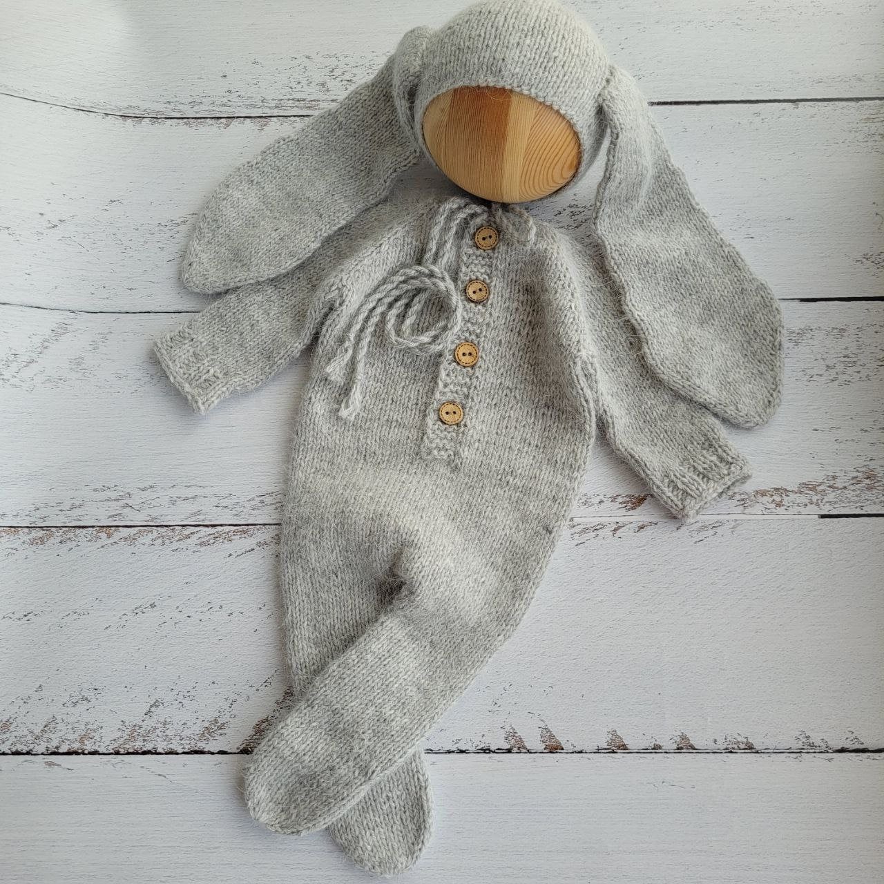 Light Grey Bunny bonnet, romper, wrap, toy. Rabbit outfit/ Easter Newborn photo props - Image 5