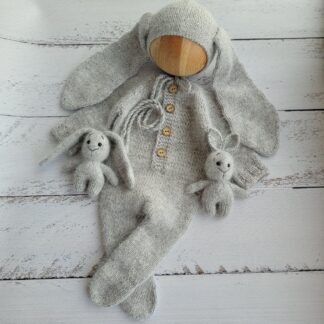 Light Grey Bunny bonnet, romper, wrap, toy. Rabbit outfit/ Easter Newborn photo props