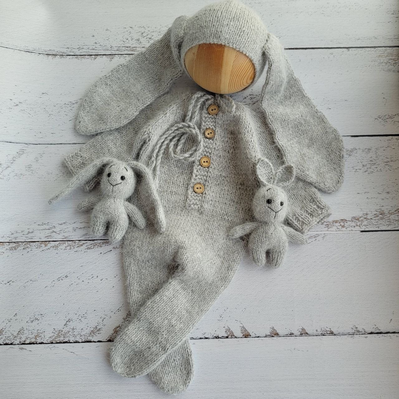 Light Grey Bunny bonnet, romper, wrap, toy. Rabbit outfit/ Easter Newborn photo props