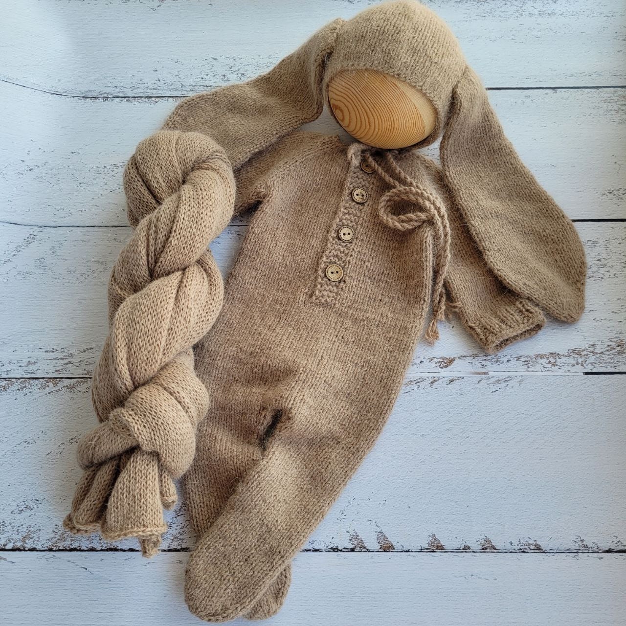 Beige Bunny bonnet, romper, wrap, toy. Rabbit outfit/ Easter Newborn photo props - Image 4