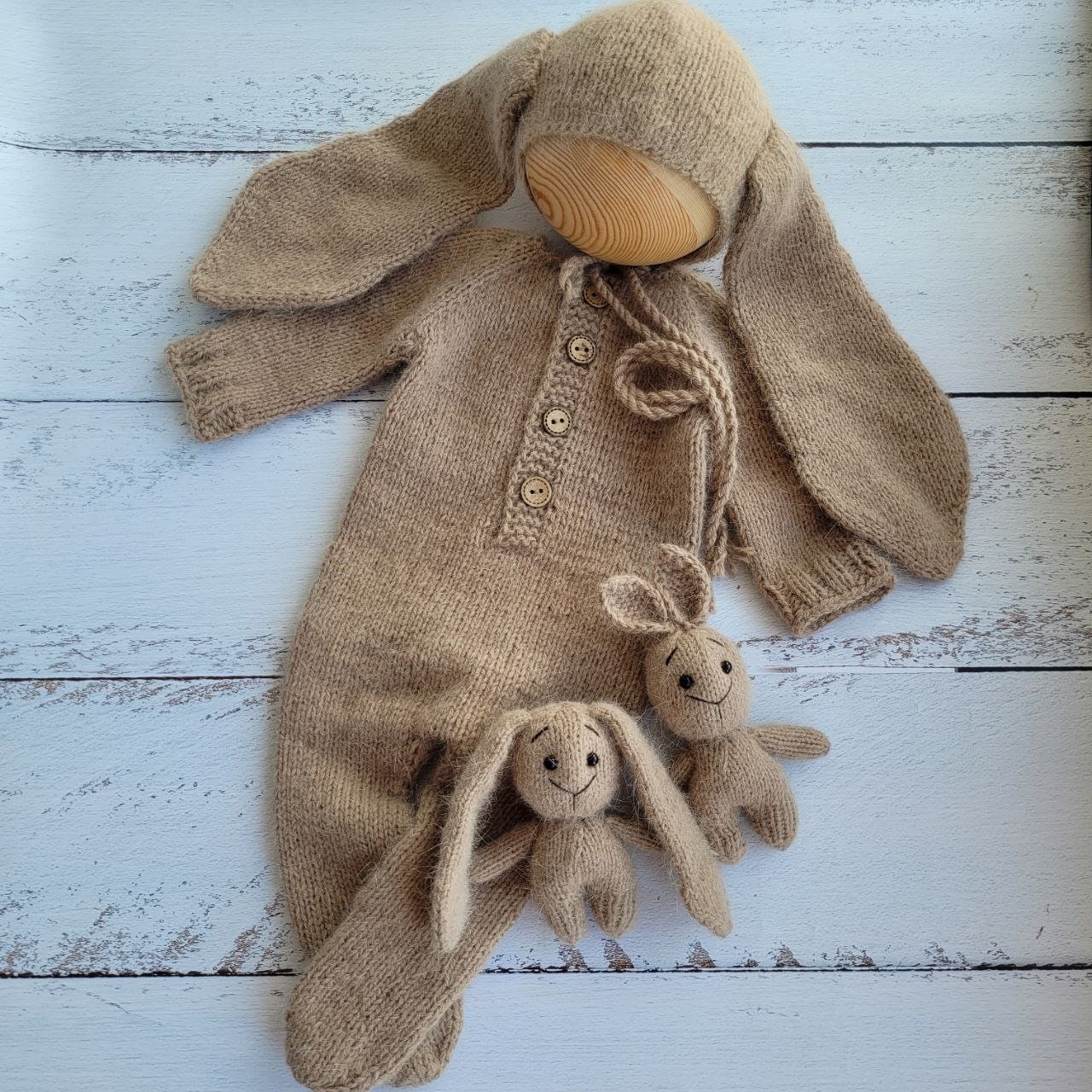 Beige Bunny bonnet, romper, wrap, toy. Rabbit outfit/ Easter Newborn photo props